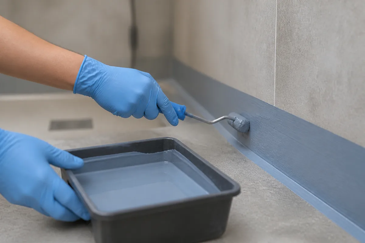 Mains gantées appliquant au rouleau une résine d&rsquo;étanchéité grise sur le bas d&rsquo;une paroi de douche
