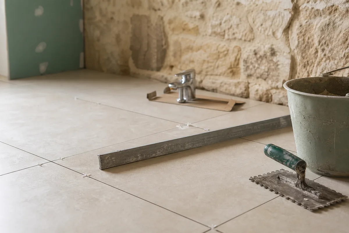 Carrelage grand format clair posé dans une salle de bains en rénovation devant un mur de pierre calcaire