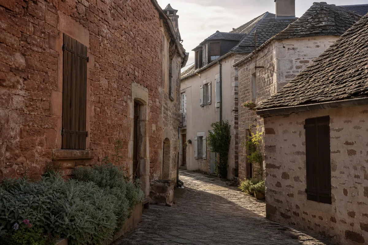 Ruelle d’un bourg aveyronnais bordée de maisons en grès rouge sous une lumière douce de fin de journée