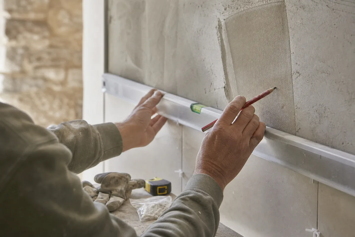 Mains d’un artisan traçant un repère de niveau sur un mur de salle de bains en cours de rénovation