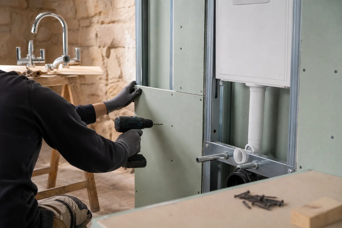Panneaux hydrofuges vissés sur ossature métallique autour d&rsquo;un bâti-support de WC suspendu