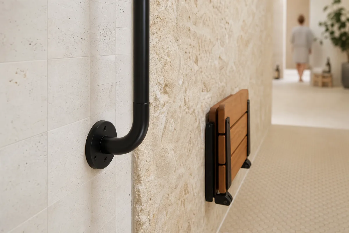 Barre d&rsquo;appui fixée sur un mur de pierre à côté d&rsquo;un siège de douche relevable
