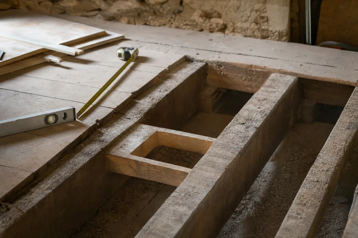 Plancher bois ouvert entre solives apparentes, réservation préparée pour un siphon de sol