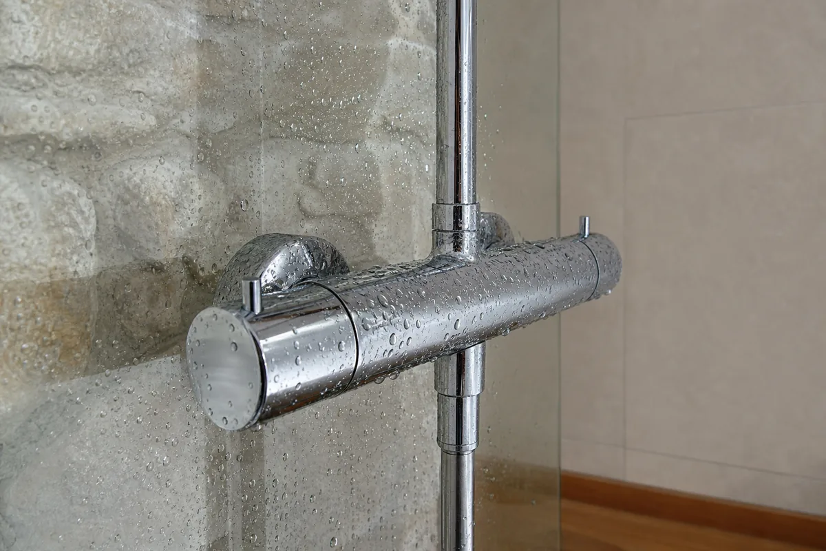 Robinetterie chromée et paroi de douche en verre dans une salle de bains rénovée aux murs de pierre calcaire