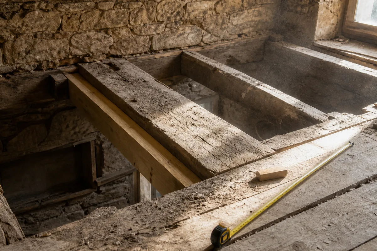 Plancher bois ancien mis à nu avant la pose d&rsquo;une baignoire balnéo dans une maison de bourg aveyronnaise