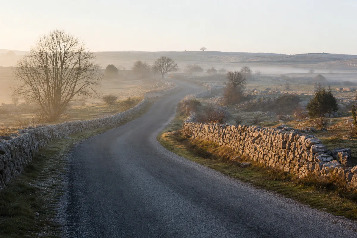 Route sinueuse de causse aveyronnais bordée de murets de pierre calcaire au petit matin