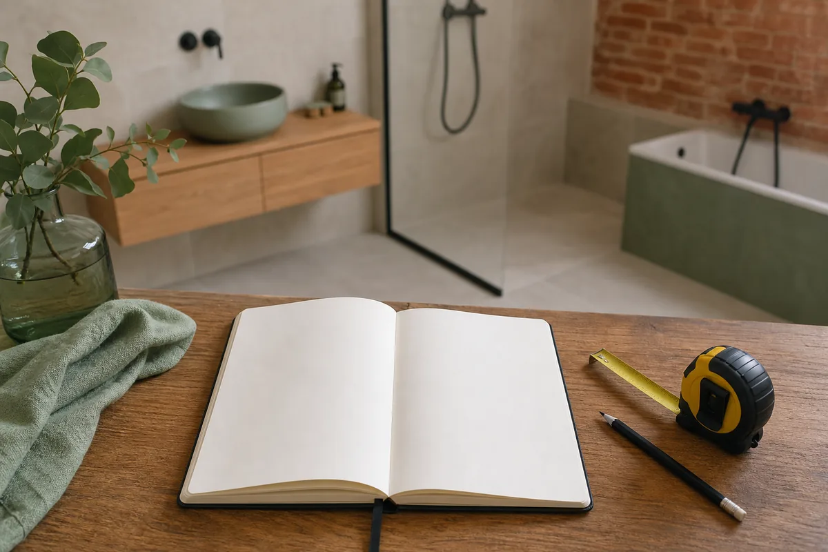Carnet de relevés et mètre ruban posés sur un plan de travail devant une salle de bains en cours de rénovation