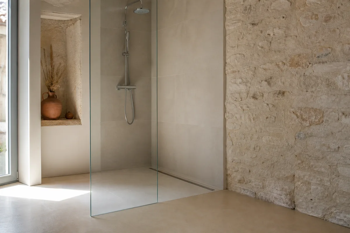 Salle de bain rénovée avec carrelage grand format clair et mur de pierre calcaire laissé apparent