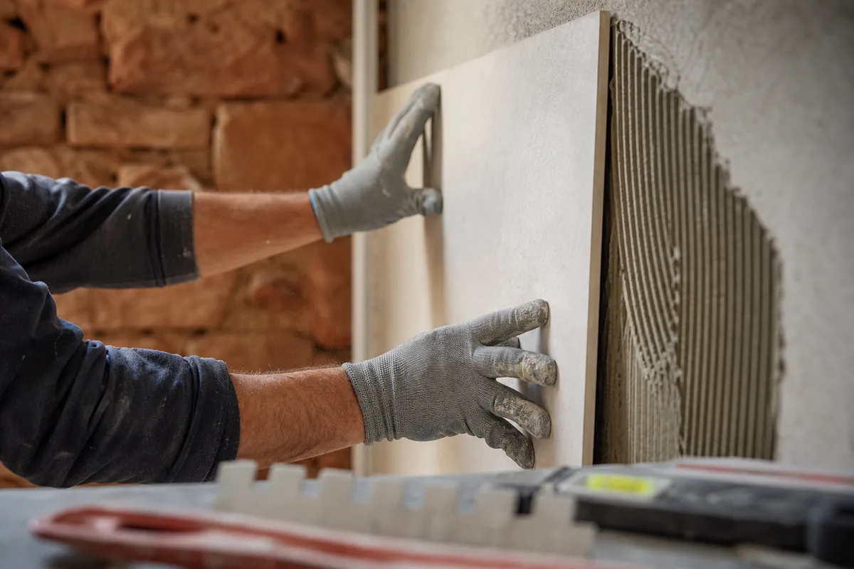 Détail de chantier, mains gantées posant un carreau grand format sur un mur préparé en lumière naturelle