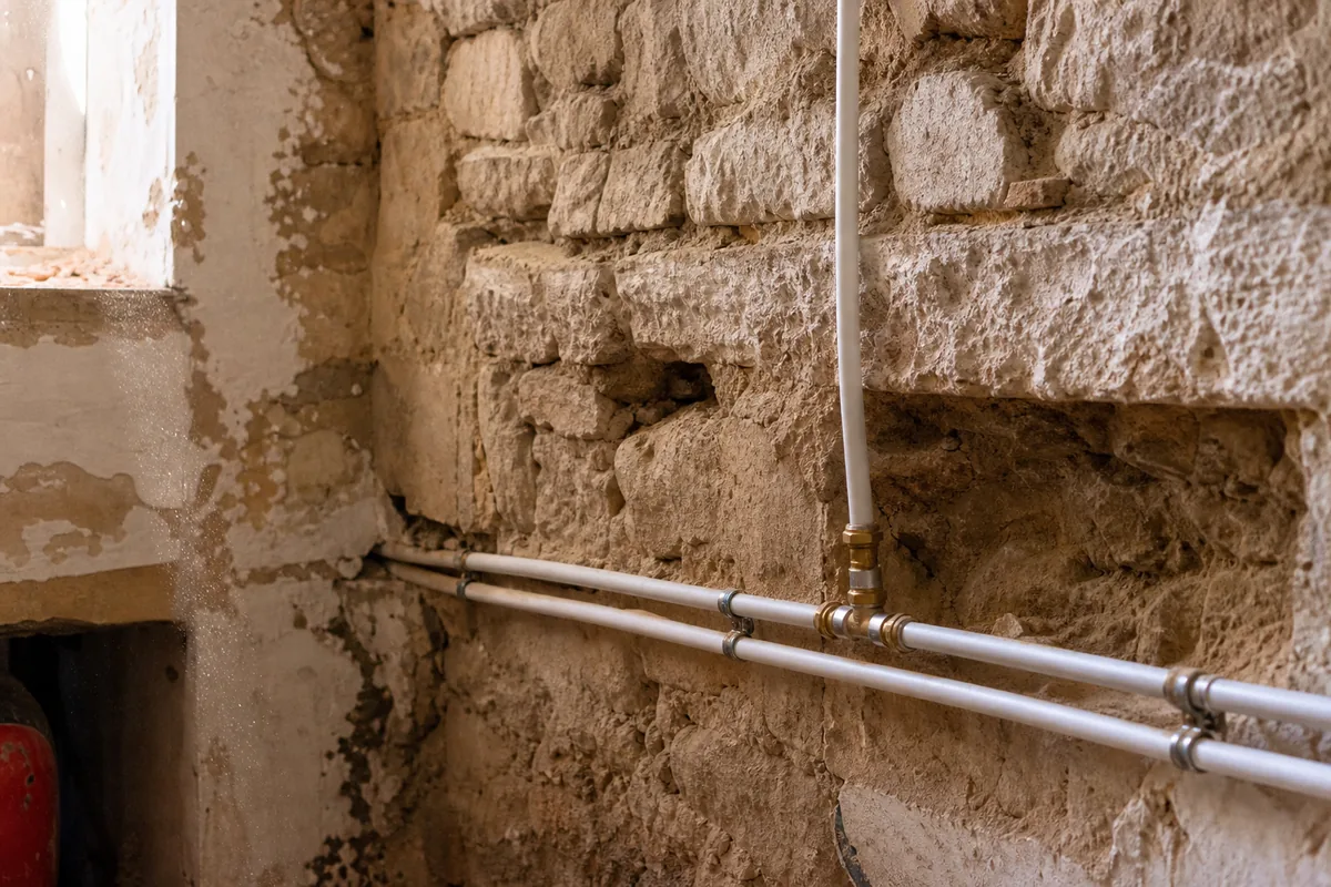 Mur de pierre calcaire mis à nu dans une salle de bains en cours de dépose