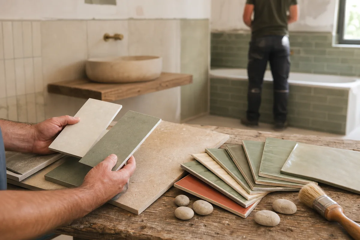 Échantillons de carrelage et de faïence posés sur un établi dans une salle de bains en rénovation