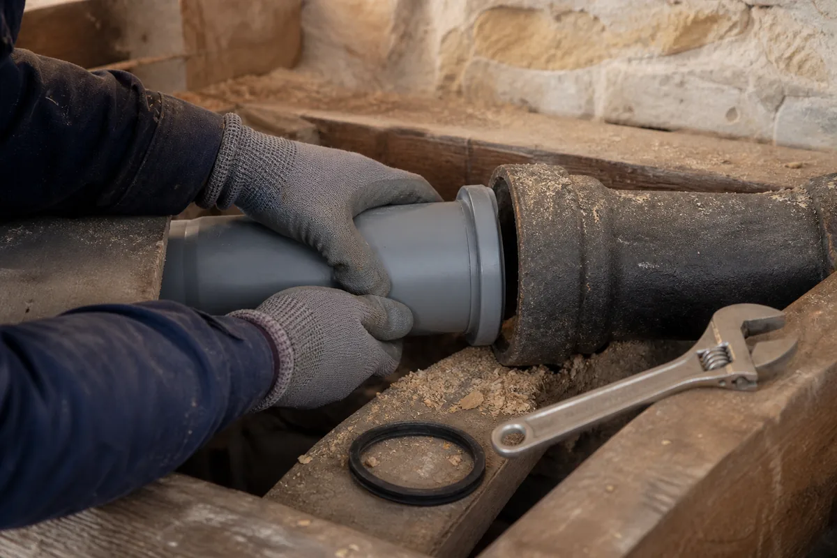 Reprise d&rsquo;une évacuation ancienne sous un plancher bois déposé, mains gantées et raccords apparents