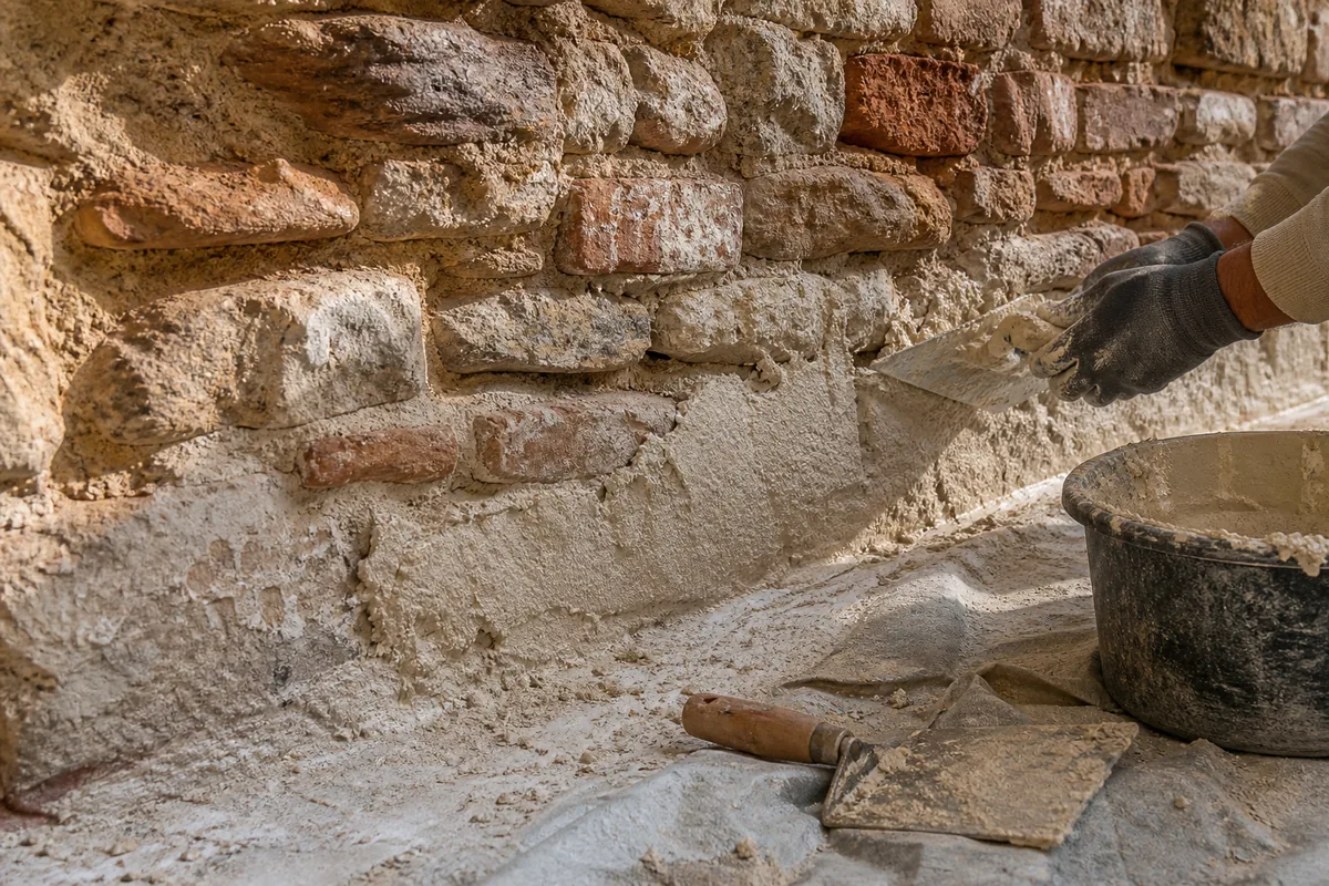 Bas de mur en pierre calcaire d&rsquo;une maison ancienne de bord de Lot, enduit piqué avant reprise à la chaux