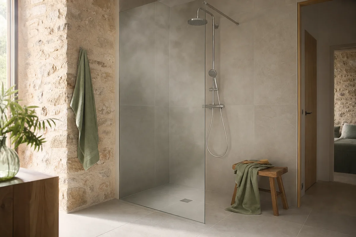 Douche à l&rsquo;italienne carrelée dans une maison de vallée, mur de pierre apparent et lumière naturelle latérale
