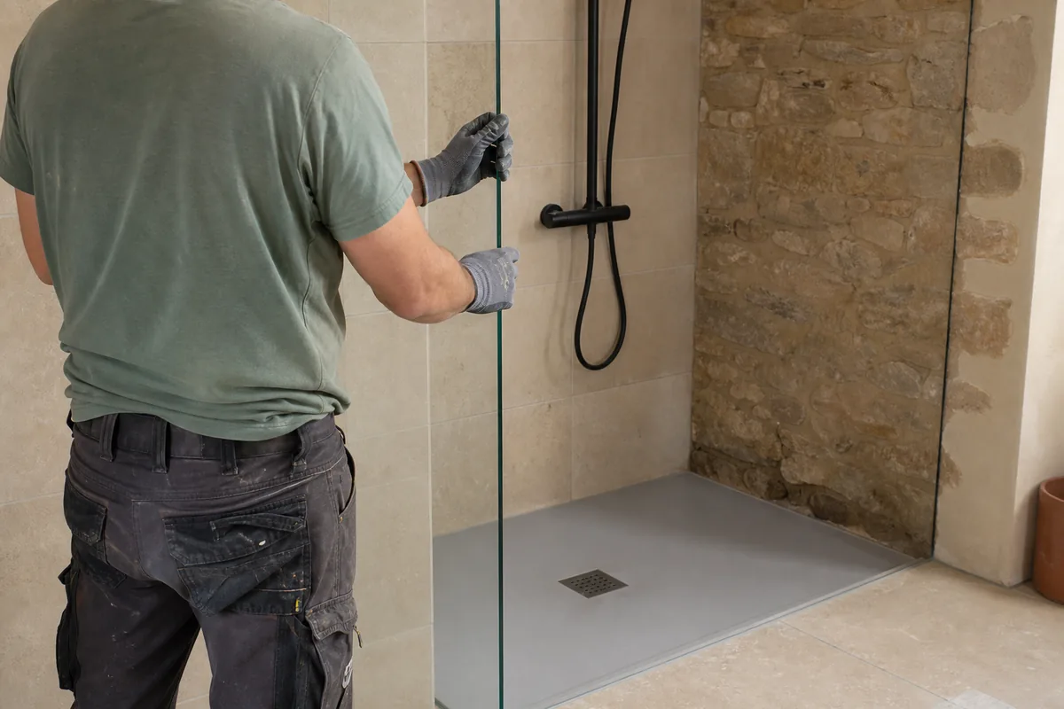Douche de plain-pied carrelée en grand format clair, robinetterie noire mate et mur de pierre calcaire apparent