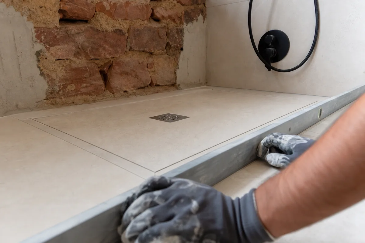 Douche de plain-pied à receveur extra-plat installée dans une salle d’eau aveyronnaise