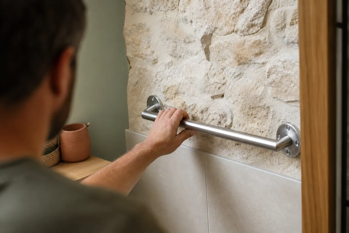 Barre d’appui fixée dans un mur de pierre calcaire près d’un receveur de douche